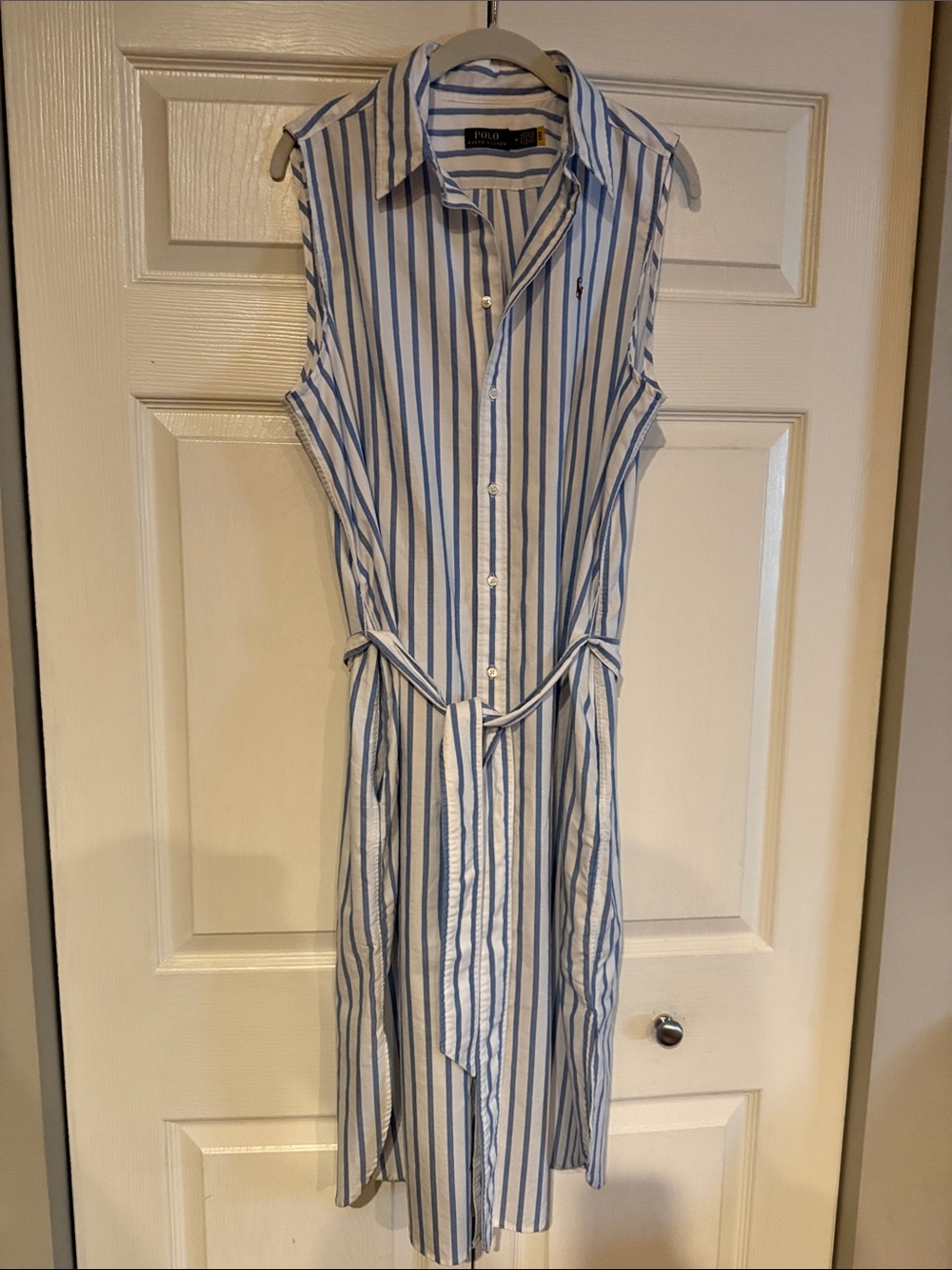 Polo by Ralph Lauren Blue & White Vertical Stripe Sleeveless Shirt Dress